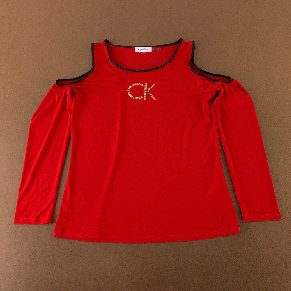 Calvin Klein Women's Size Small Red Beaded Logo Cold Shoulder Long Sleeve Top